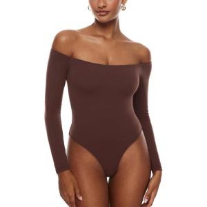 imageINLYRIC Womens Natrelax Off The Shoulder Bodysuit Long Sleeve Thong Sexy Bodycon Slim Fit Tops LeotardTaupe