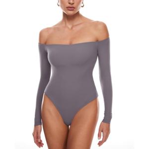 imageINLYRIC Womens Natrelax Off The Shoulder Bodysuit Long Sleeve Thong Sexy Bodycon Slim Fit Tops LeotardTornado Grey