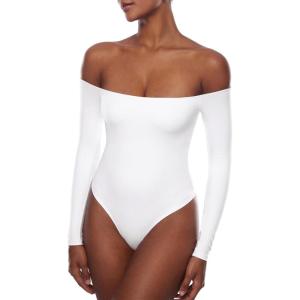 imageINLYRIC Womens Natrelax Off The Shoulder Bodysuit Long Sleeve Thong Sexy Bodycon Slim Fit Tops LeotardWhite