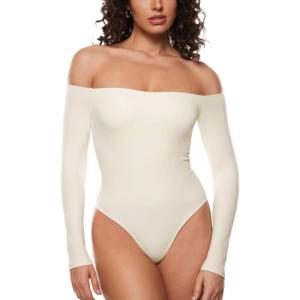 imageINLYRIC Womens Natrelax Off The Shoulder Bodysuit Long Sleeve Thong Sexy Bodycon Slim Fit Tops LeotardWhite Apricot