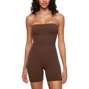 imageINLYRIC Womens Natrelax Strapless Jumpsuit  One Piece Tube Top Sexy Bodycon Workout Shorts Rompers Summer OutfitsCoffee Brown