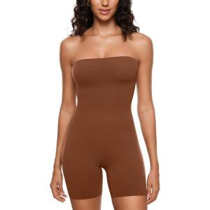 imageINLYRIC Womens Natrelax Strapless Jumpsuit  One Piece Tube Top Sexy Bodycon Workout Shorts Rompers Summer OutfitsCroissant Brown