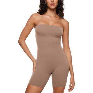 imageINLYRIC Womens Natrelax Strapless Jumpsuit  One Piece Tube Top Sexy Bodycon Workout Shorts Rompers Summer OutfitsLatte Coffee