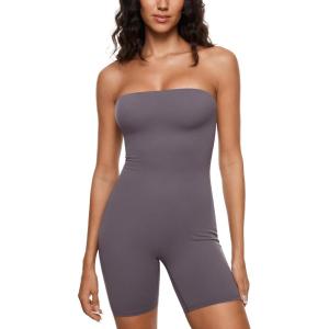 imageINLYRIC Womens Natrelax Strapless Jumpsuit  One Piece Tube Top Sexy Bodycon Workout Shorts Rompers Summer OutfitsTornado Grey