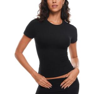 imageINLYRIC Womens Summer Short Sleeve Tops  Cotton Trendy Cute Basic Casual Crew Neck Single Layer T Shirts Tees TopsBlack