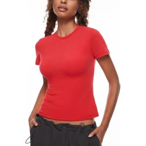 imageINLYRIC Womens Summer Short Sleeve Tops  Cotton Trendy Cute Basic Casual Crew Neck Single Layer T Shirts Tees TopsDeep Red