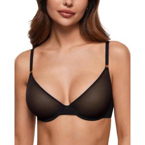 imageINLYRIC Womens Cosnufy Sheer Balconette Bra Demi Unlined Plunge Mesh See Through Sexy Bras UnderwireBlack