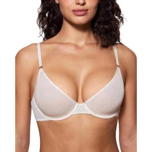 imageINLYRIC Womens Cosnufy Sheer Balconette Bra Demi Unlined Plunge Mesh See Through Sexy Bras UnderwireCoconut White
