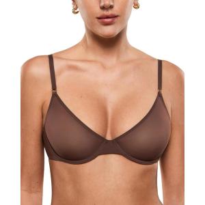 imageINLYRIC Womens Cosnufy Sheer Balconette Bra Demi Unlined Plunge Mesh See Through Sexy Bras UnderwireHazelnut