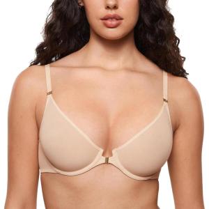imageINLYRIC Womens Cosnufy Sheer Front Closure Bra  Demi Sexy Seamless Unlined No Padding Mesh Underwire BraBeige