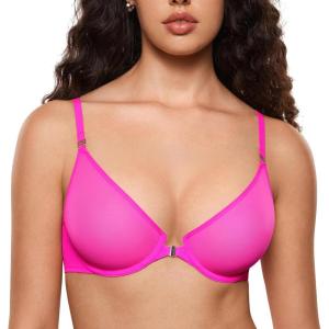 imageINLYRIC Womens Cosnufy Sheer Front Closure Bra  Demi Sexy Seamless Unlined No Padding Mesh Underwire BraGlitter Rose