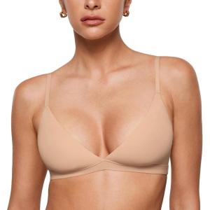 imageINLYRIC Womens Inbarely Triangle Bralette Plunge Unlined Seamless Bra No Underwire Sexy Comfortable EverydayWarm Beige