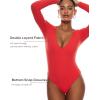 imageINLYRIC Womens Natrelax V Neck Long Sleeve Bodysuit Sexy Thong Body suits Tops Double LinedDark Red