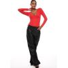 imageINLYRIC Womens Natrelax V Neck Long Sleeve Bodysuit Sexy Thong Body suits Tops Double LinedDark Red