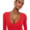 imageINLYRIC Womens Natrelax V Neck Long Sleeve Bodysuit Sexy Thong Body suits Tops Double LinedDark Red
