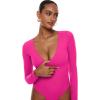 imageINLYRIC Womens Natrelax V Neck Long Sleeve Bodysuit Sexy Thong Body suits Tops Double LinedHot Pink