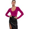 imageINLYRIC Womens Natrelax V Neck Long Sleeve Bodysuit Sexy Thong Body suits Tops Double LinedMagenta Purple