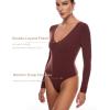 imageINLYRIC Womens Natrelax V Neck Long Sleeve Bodysuit Sexy Thong Body suits Tops Double LinedNoctilucence Red