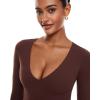 imageINLYRIC Womens Natrelax V Neck Long Sleeve Bodysuit Sexy Thong Body suits Tops Double LinedTaupe