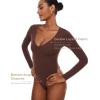 imageINLYRIC Womens Natrelax V Neck Long Sleeve Bodysuit Sexy Thong Body suits Tops Double LinedTaupe