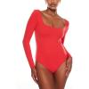 imageINLYRIC Womens Natrelax Square Neck Long Sleeve Bodysuit Sexy Backless Double Lined Basic Tops BoodysuitsDark Red