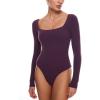 imageINLYRIC Womens Natrelax Square Neck Long Sleeve Bodysuit Sexy Backless Double Lined Basic Tops BoodysuitsDeep Purple