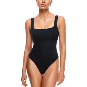 imageINLYRIC Womens Inbarely Square Neck Thong Bodysuit Sleeveless Tank Tops Slimming Backless Camisole for Going OutBlack