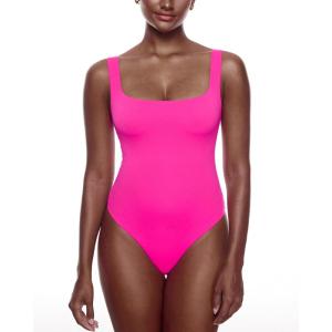 imageINLYRIC Womens Inbarely Square Neck Thong Bodysuit Sleeveless Tank Tops Slimming Backless Camisole for Going OutBright Pink