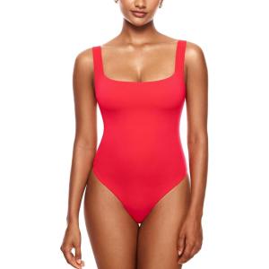 imageINLYRIC Womens Inbarely Square Neck Thong Bodysuit Sleeveless Tank Tops Slimming Backless Camisole for Going OutBright Red