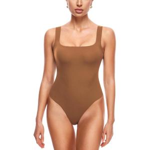 imageINLYRIC Womens Inbarely Square Neck Thong Bodysuit Sleeveless Tank Tops Slimming Backless Camisole for Going OutChipmunk