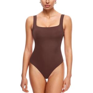imageINLYRIC Womens Inbarely Square Neck Thong Bodysuit Sleeveless Tank Tops Slimming Backless Camisole for Going OutHazelnut