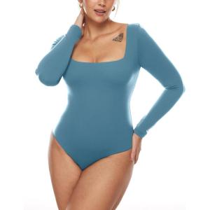 imageINLYRIC Womens Natrelax Square Neck Long Sleeve Bodysuit Sexy Backless Double Lined Basic Tops BoodysuitsBlue Ashes