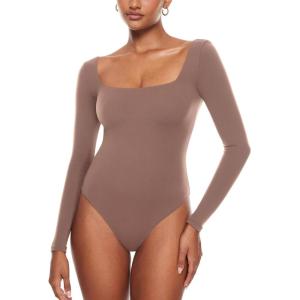 imageINLYRIC Womens Natrelax Square Neck Long Sleeve Bodysuit Sexy Backless Double Lined Basic Tops BoodysuitsBrown Purple