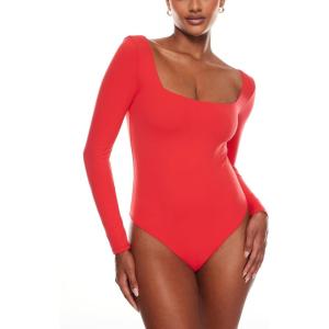 imageINLYRIC Womens Natrelax Square Neck Long Sleeve Bodysuit Sexy Backless Double Lined Basic Tops BoodysuitsDark Red