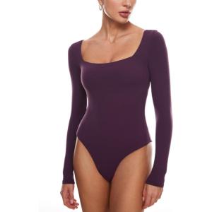imageINLYRIC Womens Natrelax Square Neck Long Sleeve Bodysuit Sexy Backless Double Lined Basic Tops BoodysuitsDeep Purple