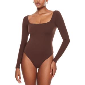 imageINLYRIC Womens Natrelax Square Neck Long Sleeve Bodysuit Sexy Backless Double Lined Basic Tops BoodysuitsTaupe