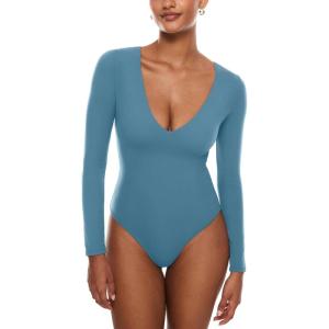 imageINLYRIC Womens Natrelax V Neck Long Sleeve Bodysuit Sexy Thong Body suits Tops Double LinedBlue Ashes