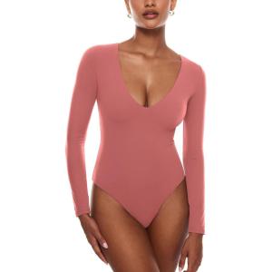 imageINLYRIC Womens Natrelax V Neck Long Sleeve Bodysuit Sexy Thong Body suits Tops Double LinedBriar Rose