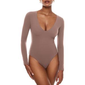 imageINLYRIC Womens Natrelax V Neck Long Sleeve Bodysuit Sexy Thong Body suits Tops Double LinedBrown Purple