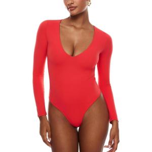 imageINLYRIC Womens Natrelax V Neck Long Sleeve Bodysuit Sexy Thong Body suits Tops Double LinedDark Red