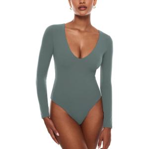 imageINLYRIC Womens Natrelax V Neck Long Sleeve Bodysuit Sexy Thong Body suits Tops Double LinedGrey Sage