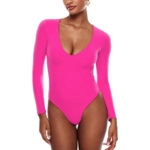 imageINLYRIC Womens Natrelax V Neck Long Sleeve Bodysuit Sexy Thong Body suits Tops Double LinedHot Pink
