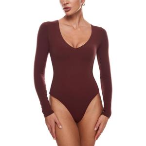 imageINLYRIC Womens Natrelax V Neck Long Sleeve Bodysuit Sexy Thong Body suits Tops Double LinedNoctilucence Red