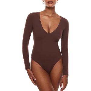 imageINLYRIC Womens Natrelax V Neck Long Sleeve Bodysuit Sexy Thong Body suits Tops Double LinedTaupe