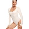 imageINLYRIC Womens Long Sleeve Sleeveless Scoop Square Neck Bodysuit Ribbed Tank Tops Slimming Body Suits JumpsuitsCreamywhite