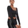 imageINLYRIC Womens Natrelax Square Neck Long Sleeve Crop Top Sexy Slim Fitted Basic Stretchy T Shirts TopsBlack