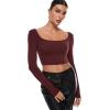 imageINLYRIC Womens Natrelax Square Neck Long Sleeve Crop Top Sexy Slim Fitted Basic Stretchy T Shirts TopsNoctilucence Red