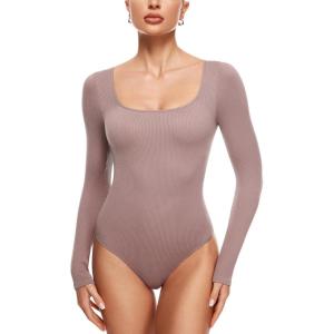 imageINLYRIC Womens Long Sleeve Sleeveless Scoop Square Neck Bodysuit Ribbed Tank Tops Slimming Body Suits JumpsuitsArgyle Purple