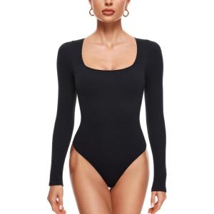 imageINLYRIC Womens Long Sleeve Sleeveless Scoop Square Neck Bodysuit Ribbed Tank Tops Slimming Body Suits JumpsuitsBlack