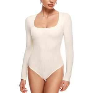 imageINLYRIC Womens Long Sleeve Sleeveless Scoop Square Neck Bodysuit Ribbed Tank Tops Slimming Body Suits JumpsuitsCreamywhite